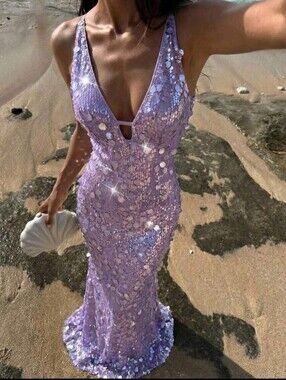 Women's Purple Sequin Deep V Sleeveless Backless Sparkly Dress,70s Retro